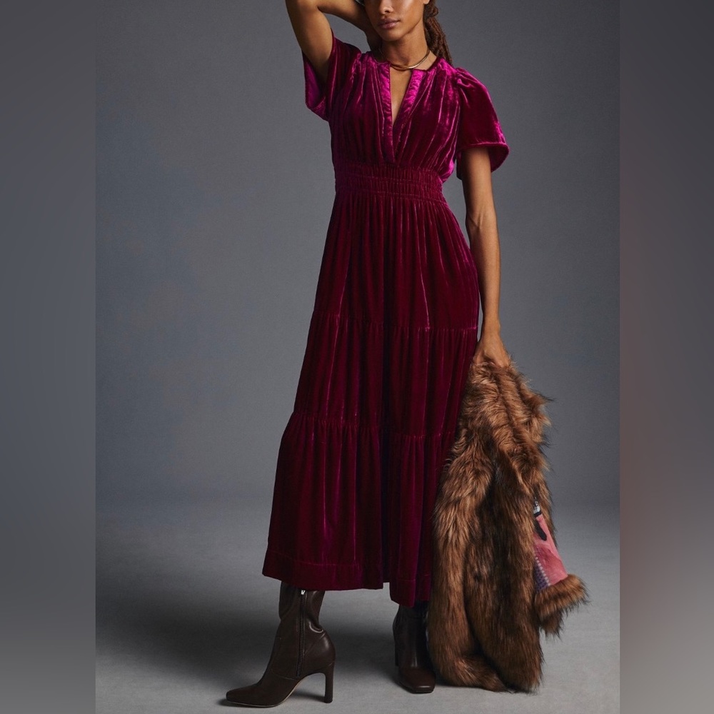 Anthropologie Somerset Velvet Deep Pink Maxi Dress Small NWT
